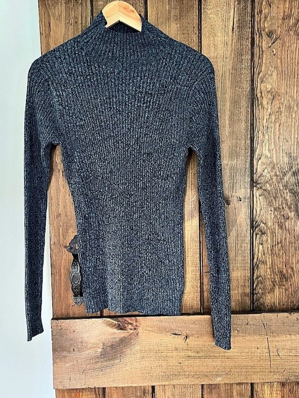 Athleta Reverie Rib Knit Mock Neck Sweater Heathered Blue Small Athleisure Prep